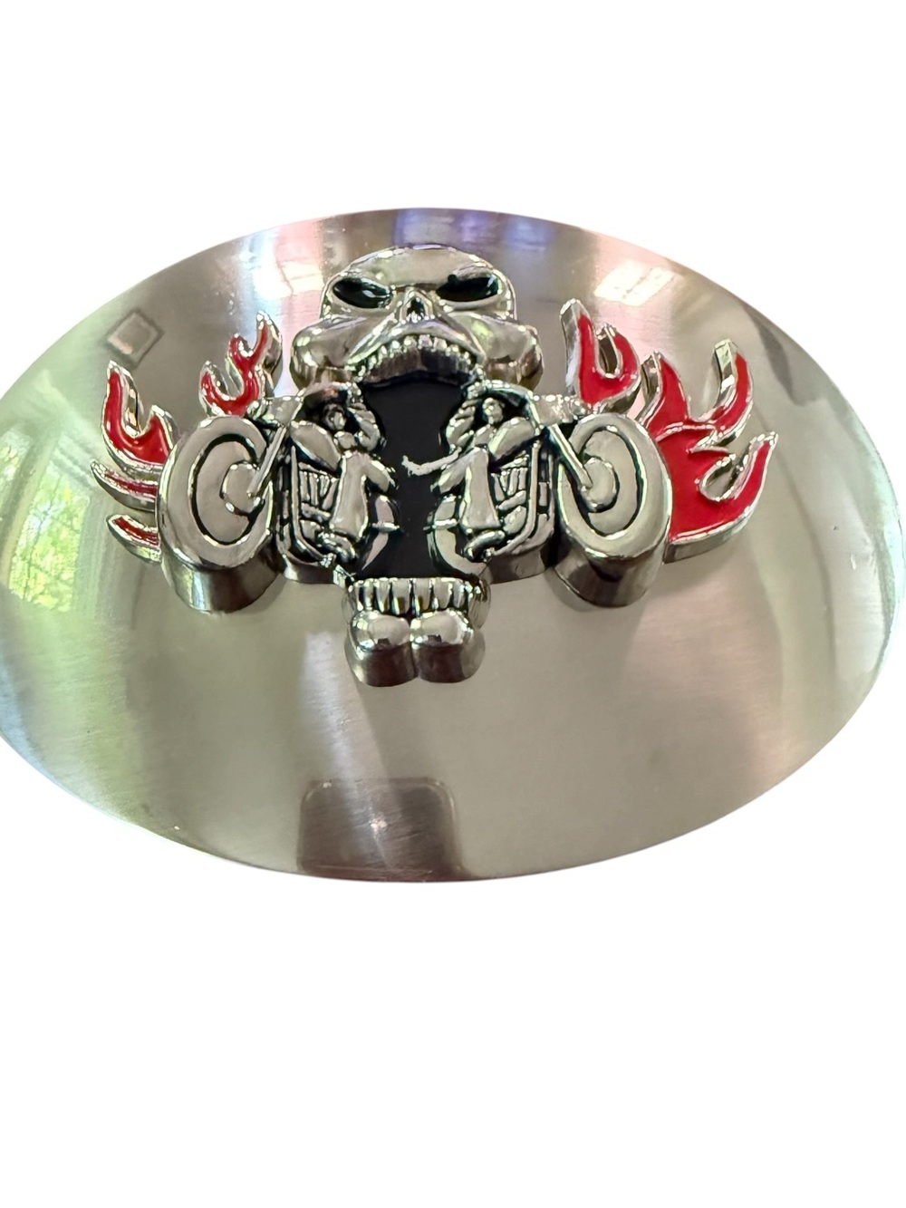 Vintage Silver Tone Skull & Motorcycle Red Flames Oval Belt Buckle
